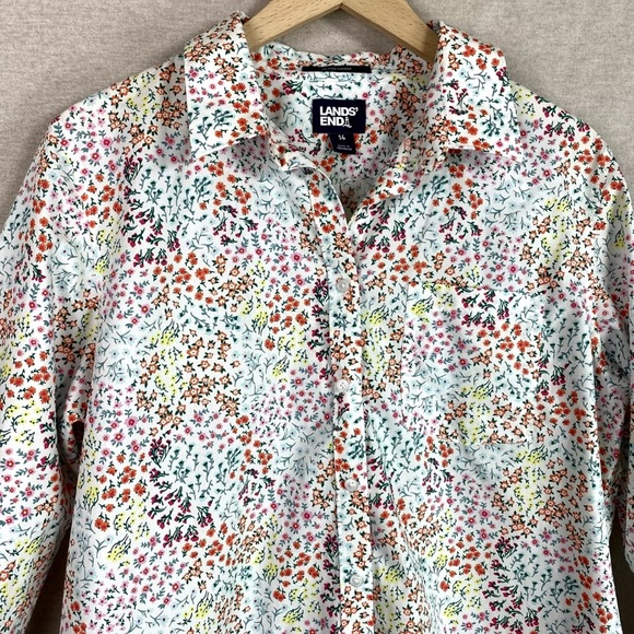 Land’s End 100% Cotton Floral Button Up Shirt Spring Blouse Colorful - Picture 2 of 6